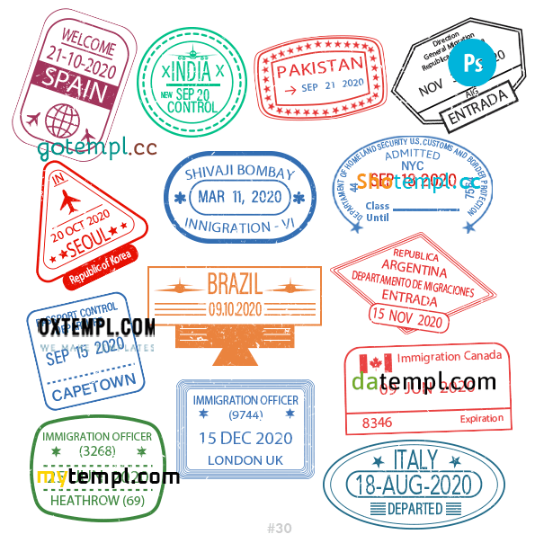 Spanish Pakistani Korea travel stamp collection example of 14 PSD designs, with fonts