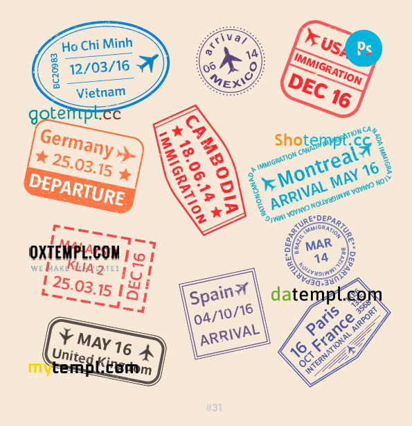 Vietnam Mexican French travel stamp collection example of 11 PSD designs, with fonts