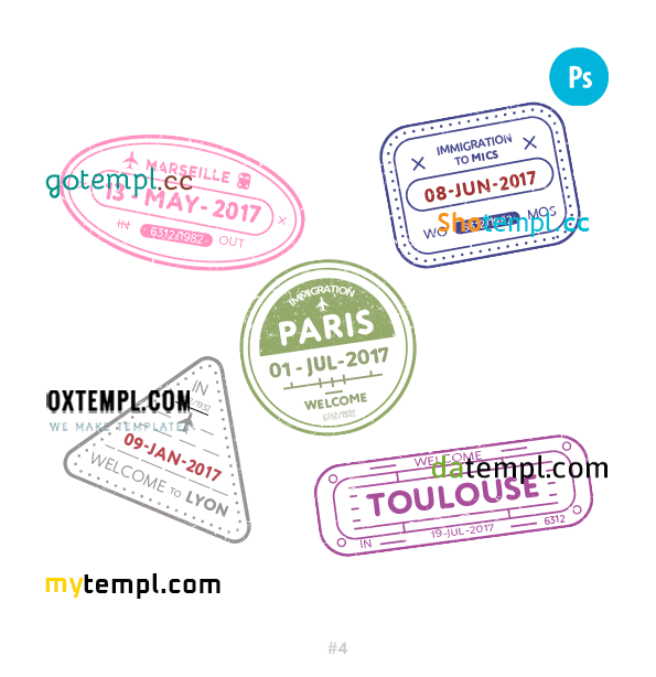 French travel stamp collection example of 5 PSD designs, with fonts