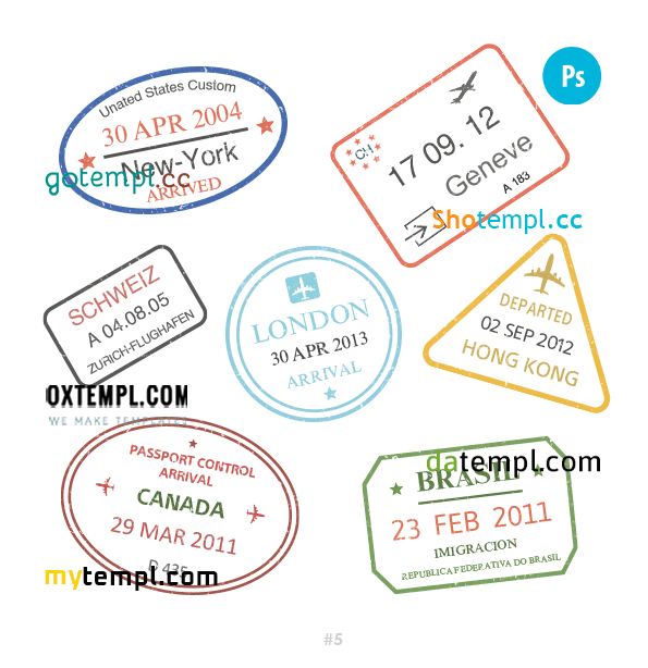 New York Geneva London travel stamp collection example of 7 PSD designs, with fonts
