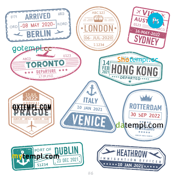 Berlin Dublin Heathrow travel stamp collection example of 10 PSD designs, with fonts