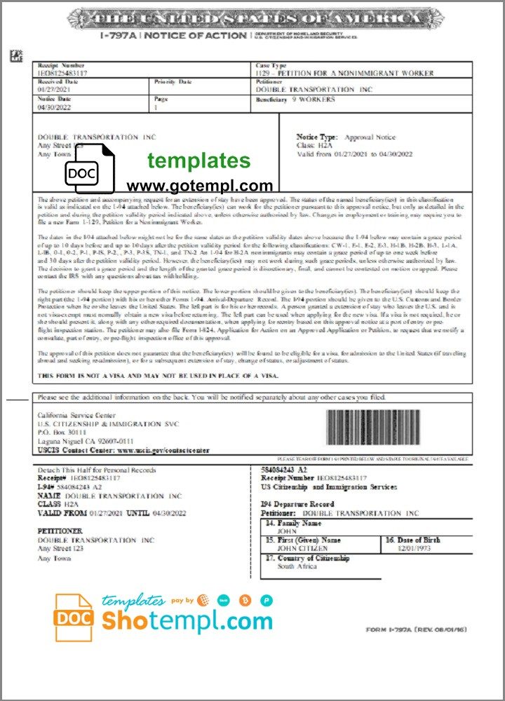 USA Form I-797A, Notice of Action example in Word and PDF format