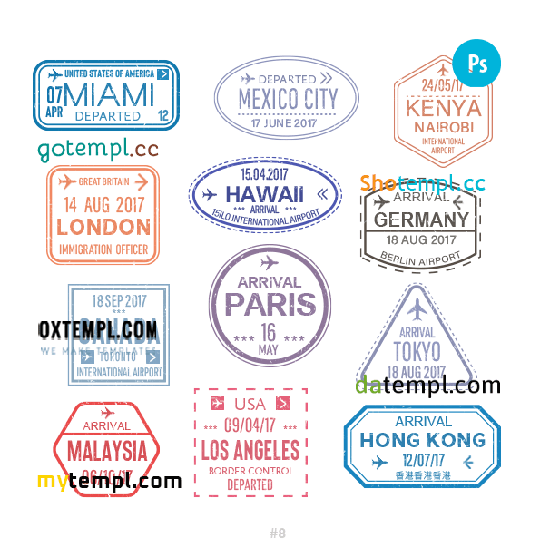 Miami Mexican city Nairobi travel stamp collection example of 12 PSD designs, with fonts