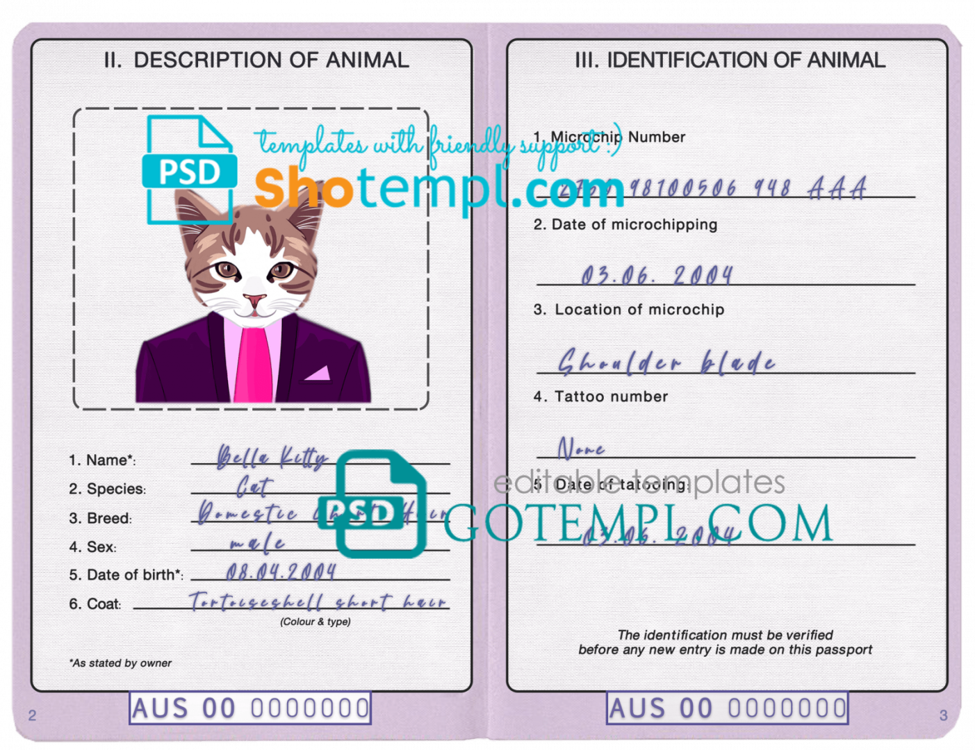 free download Australian cat (animal, pet) passport PSD example, fully editable