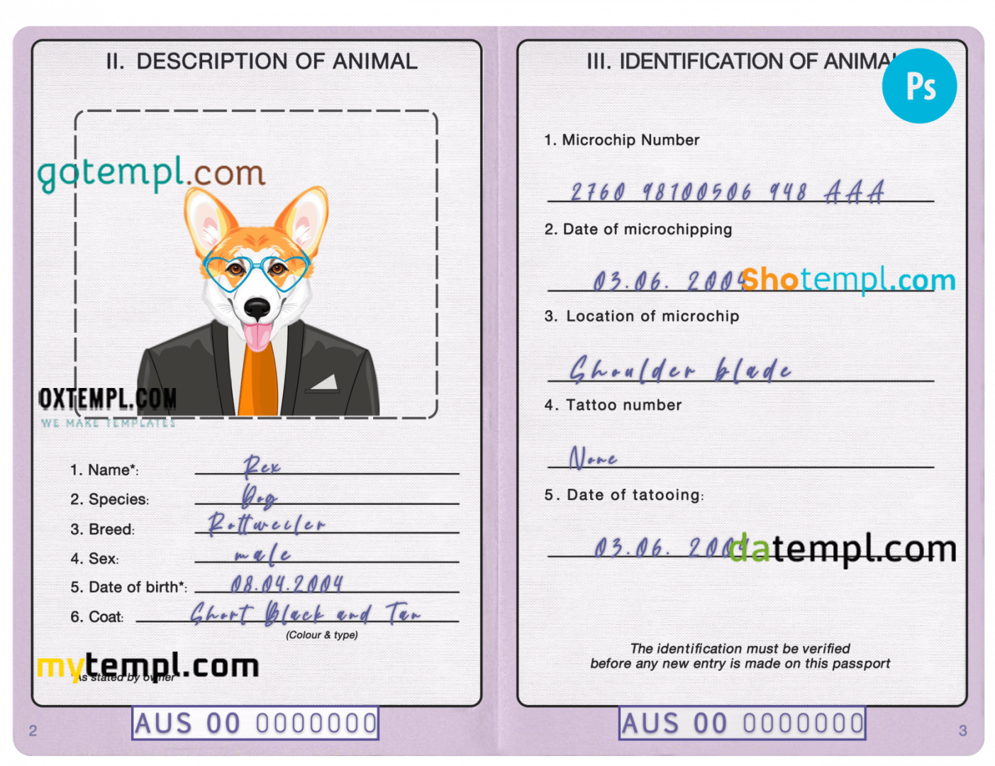 free download Australian dog (animal, pet) passport PSD example, fully editable