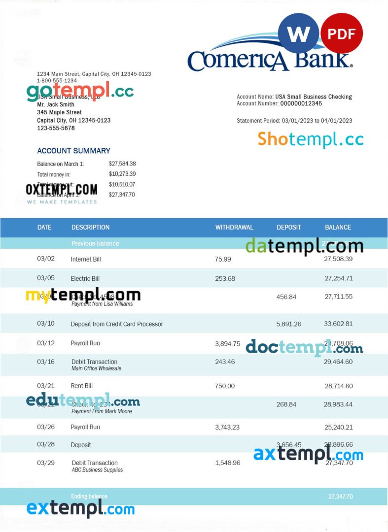 Comerica Bank business statement Word and PDF template
