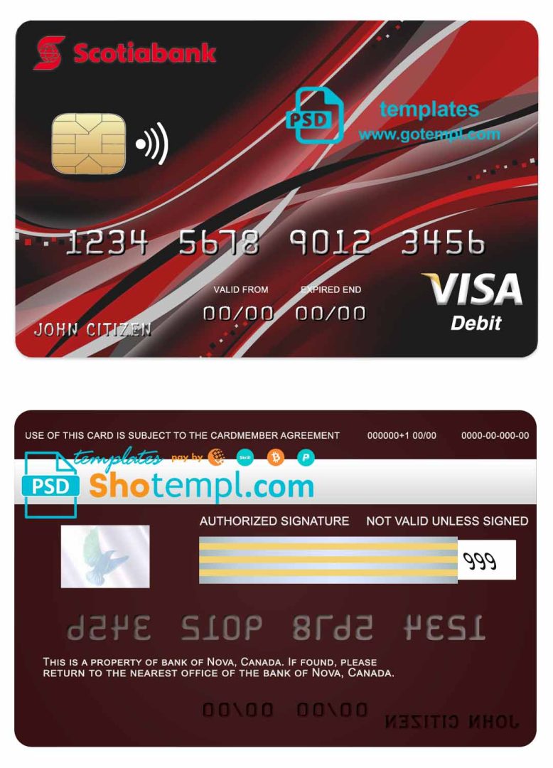 Canadian Nova bank visa card example in PSD format, fully editable