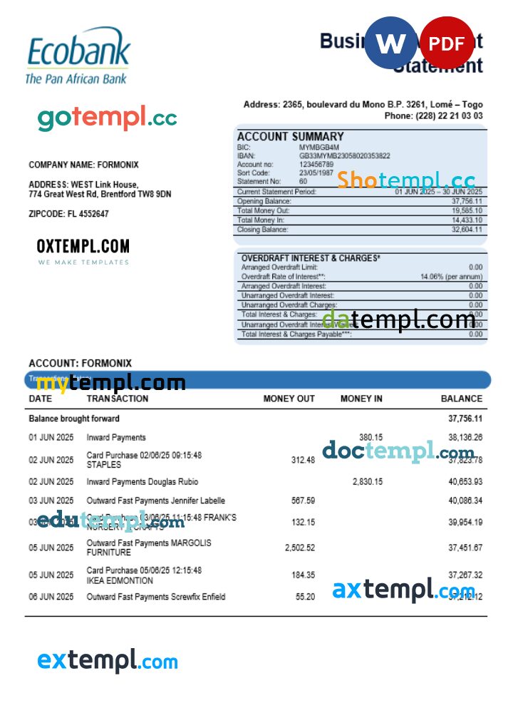 Central African Ecobank business bank organization account statement Word and PDF format