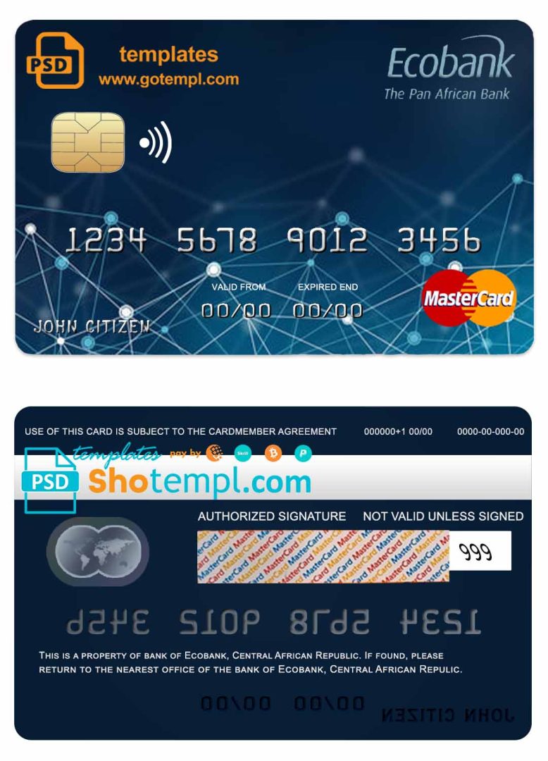 Central African Ecobank mastercard example in PSD format, fully editable