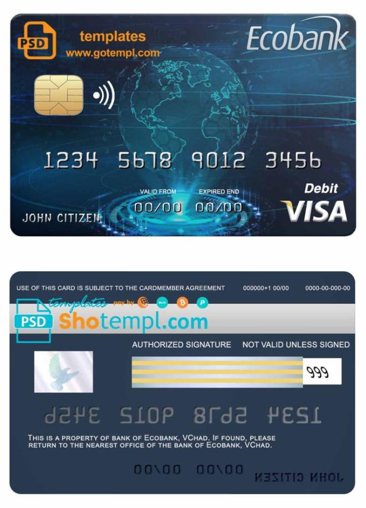Chadian Ecobank visa credit card example in PSD format, fully editable