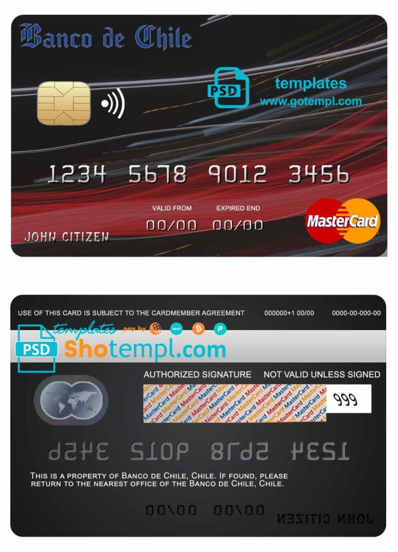 Chilean Banco de Chilean bank mastercard credit card example in PSD format, fully editable