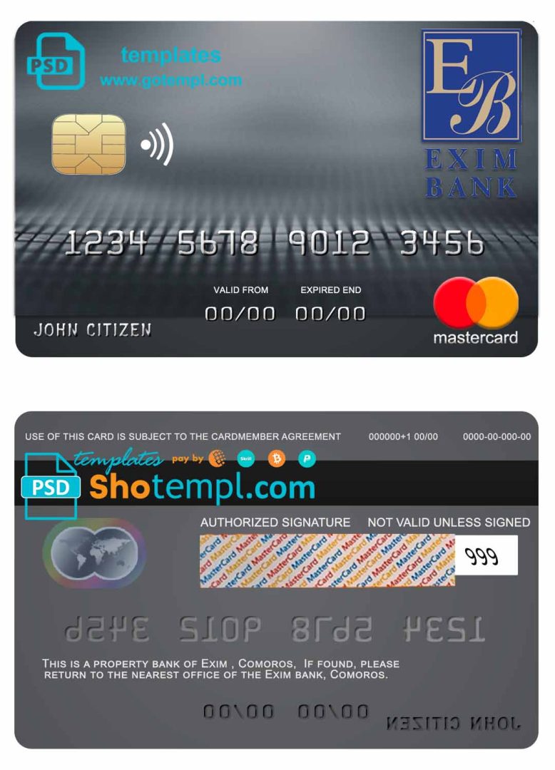Comoran Exim bank mastercard credit card example in PSD format, fully editable