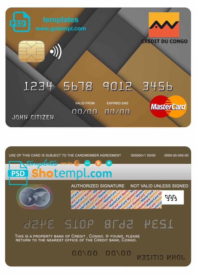 Congo Credit bank mastercard credit card example in PSD format, fully editable
