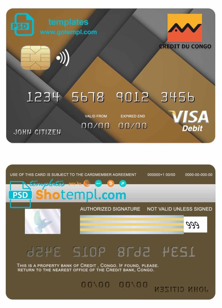 Congo Credit bank visa credit card example in PSD format, fully editable