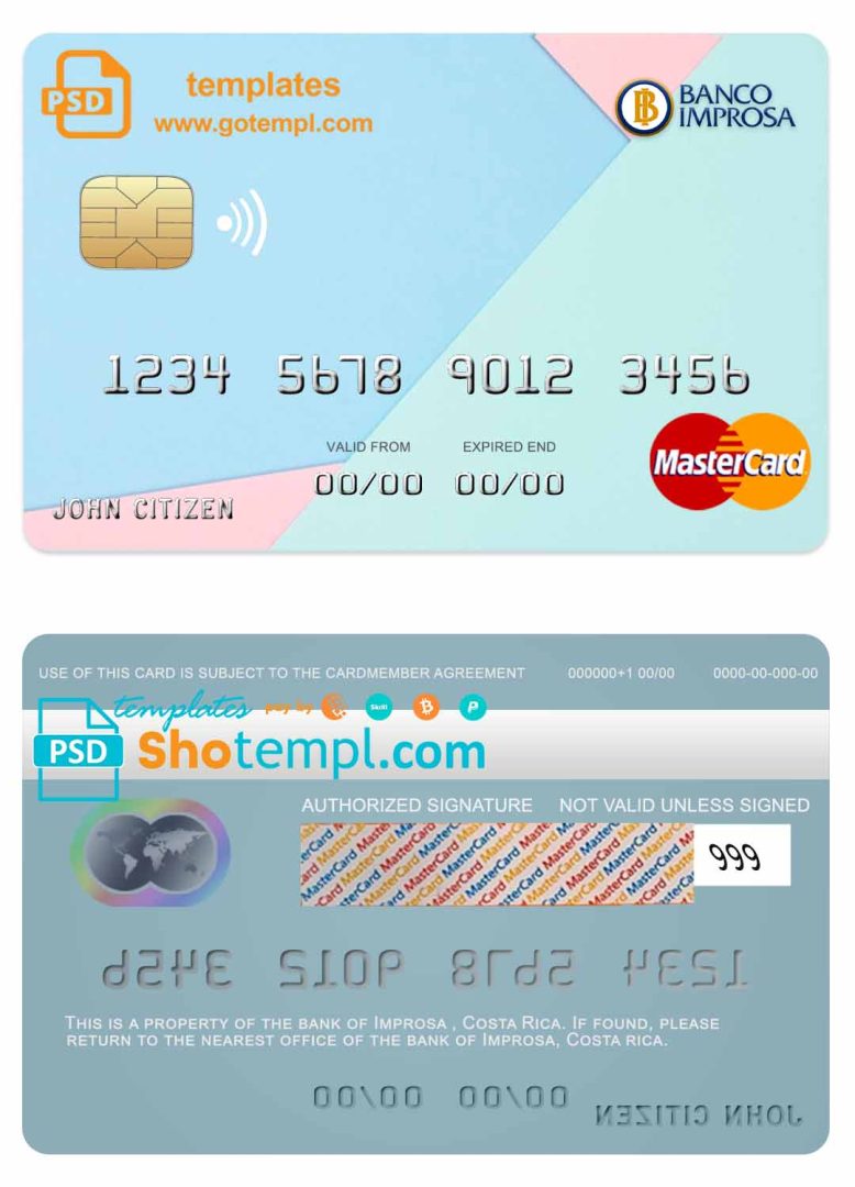 Costa Rican Improsa bank mastercard credit card example in PSD format, fully editable