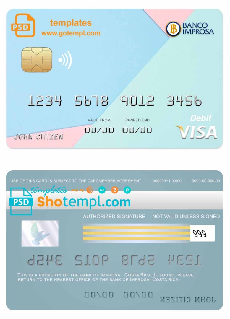 Costa Rican Improsa bank visa credit card example in PSD format, fully editable