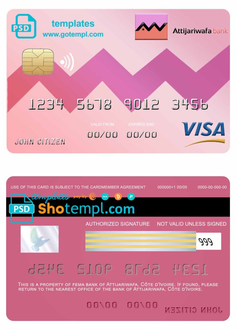 Côte d'Ivoire Attijariwafa visa credit card example in PSD format, fully editable