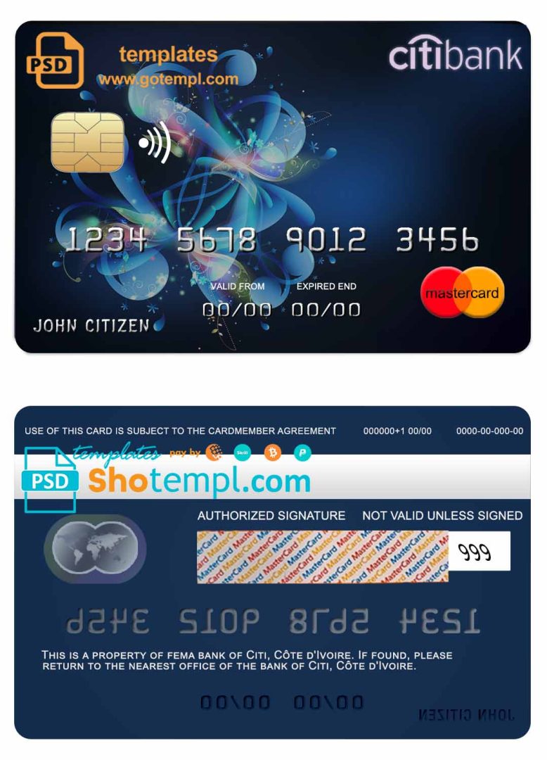 Côte d'Ivoire Citi bank mastercard credit card example in PSD format, fully editable