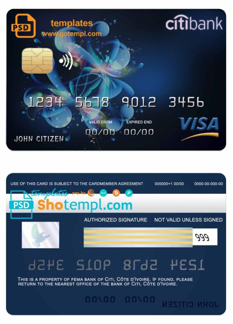 Côte d'Ivoire Citi bank visa credit card example in PSD format, fully editable