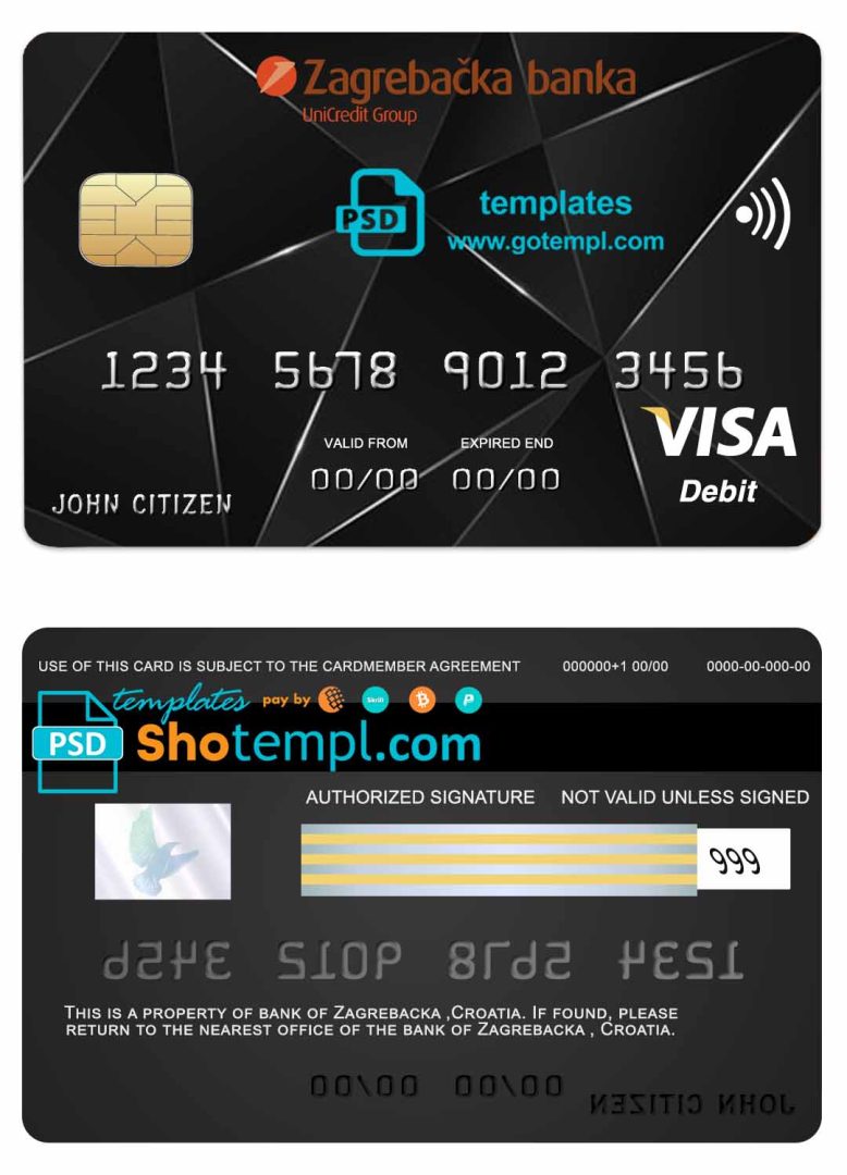 Croatian Zagrebacka bank visa credit card example in PSD format, fully editable