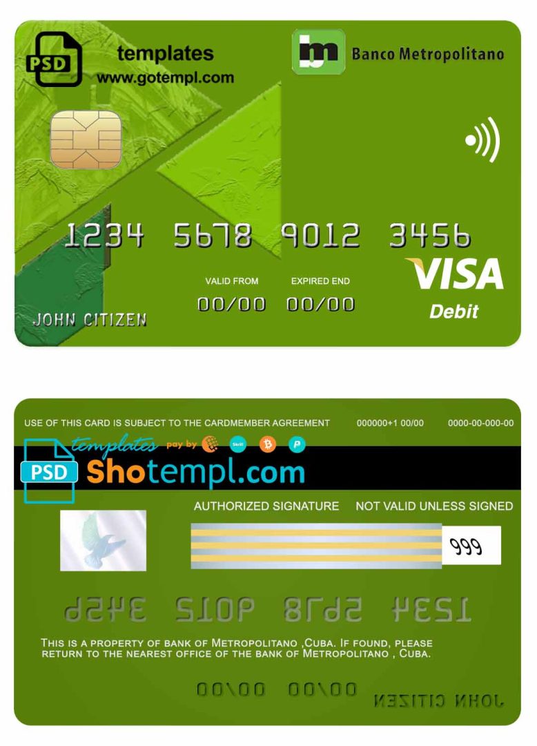 Cuban Metropolitan bank visa credit card example in PSD format, fully editable