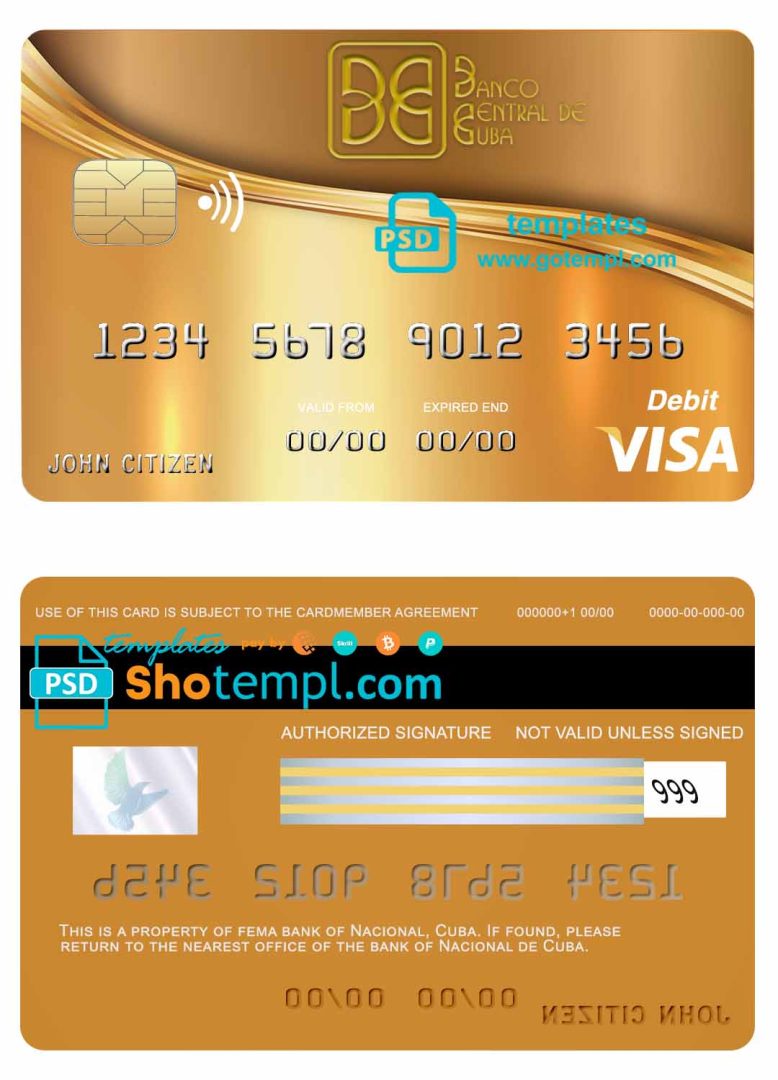 Cuban Nacional bank visa credit card example in PSD format, fully editable