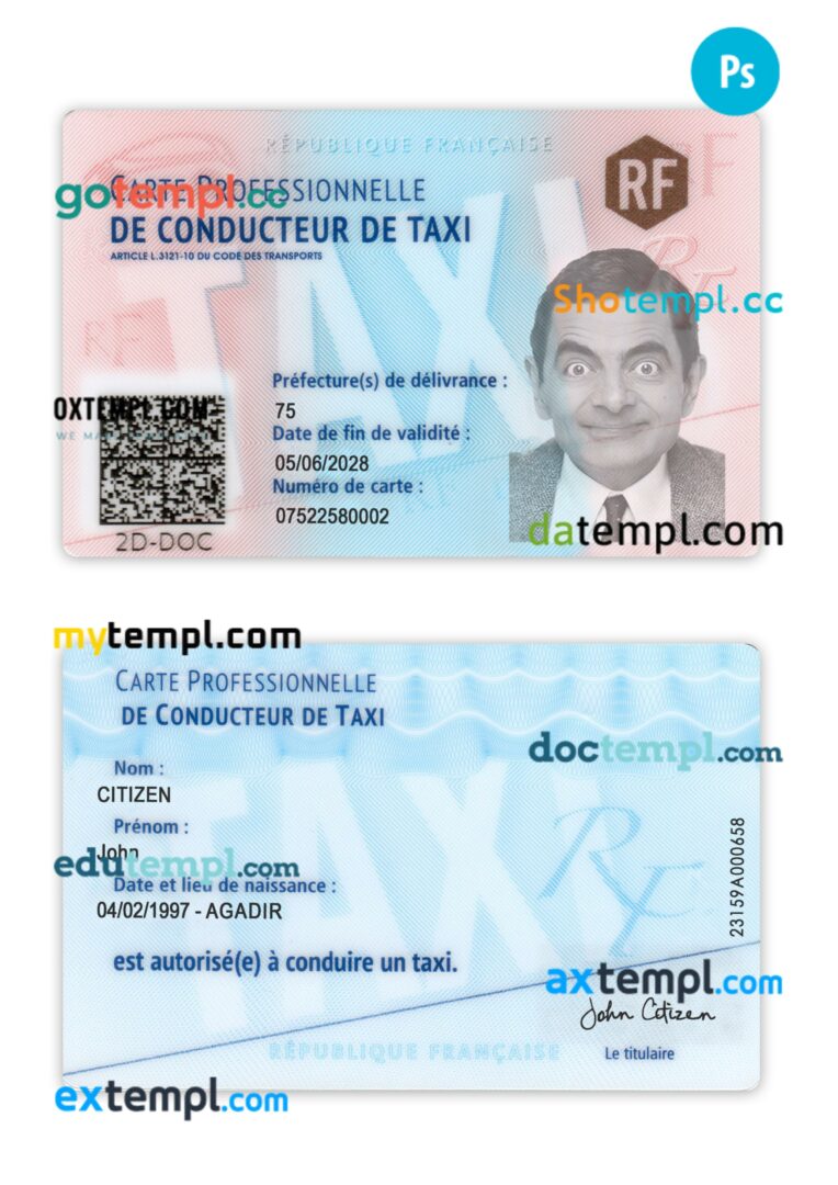France taxi driver ID card template in PSD format