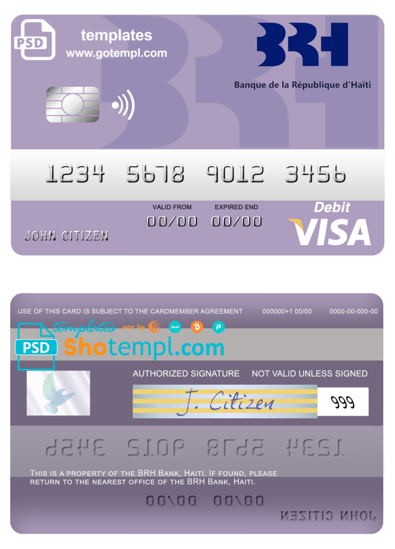 Haitian BRH bank visa card example in PSD format, fully editable