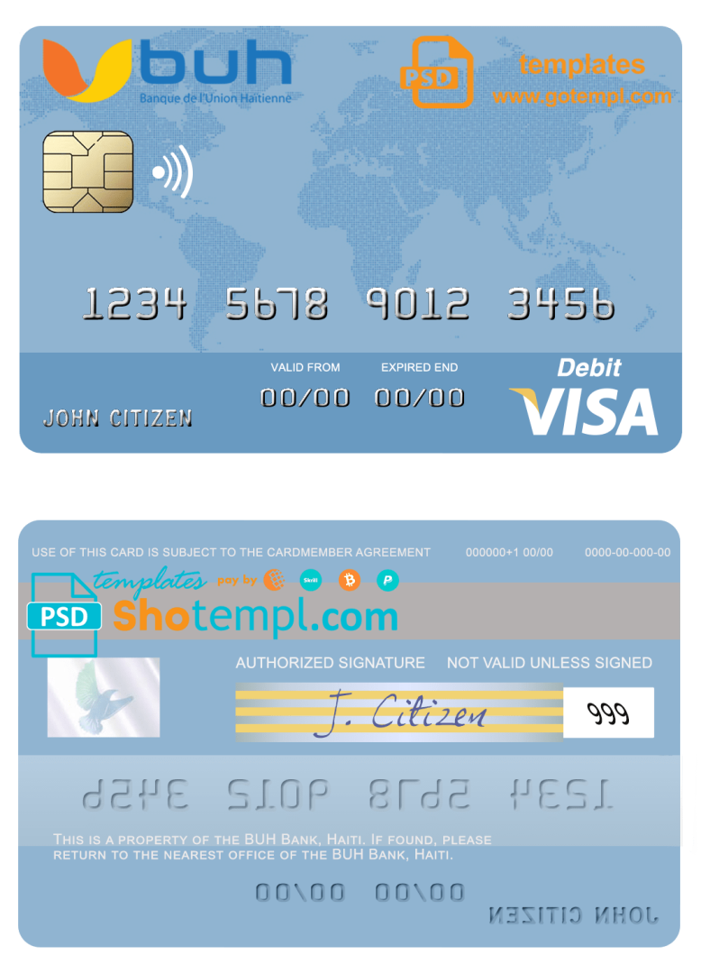 Haitian BUH Bank visa card example in PSD format, fully editable