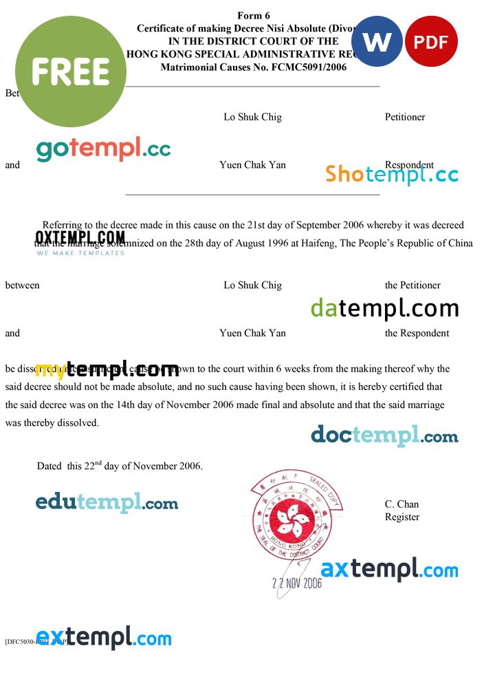 free download Hong Kong divorce certificate example in Word and PDF format