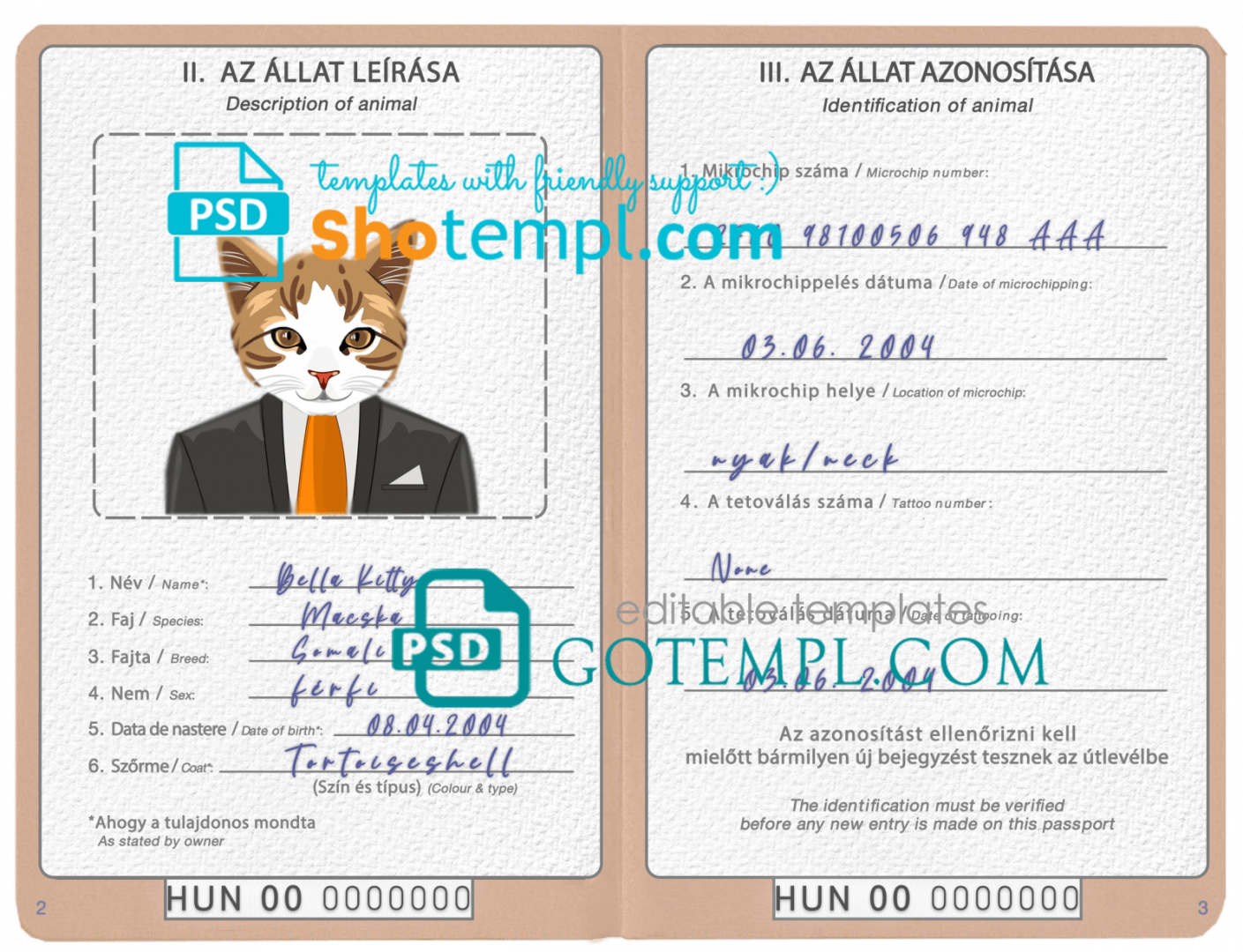 free download Hungarian cat (animal, pet) passport PSD example, fully editable