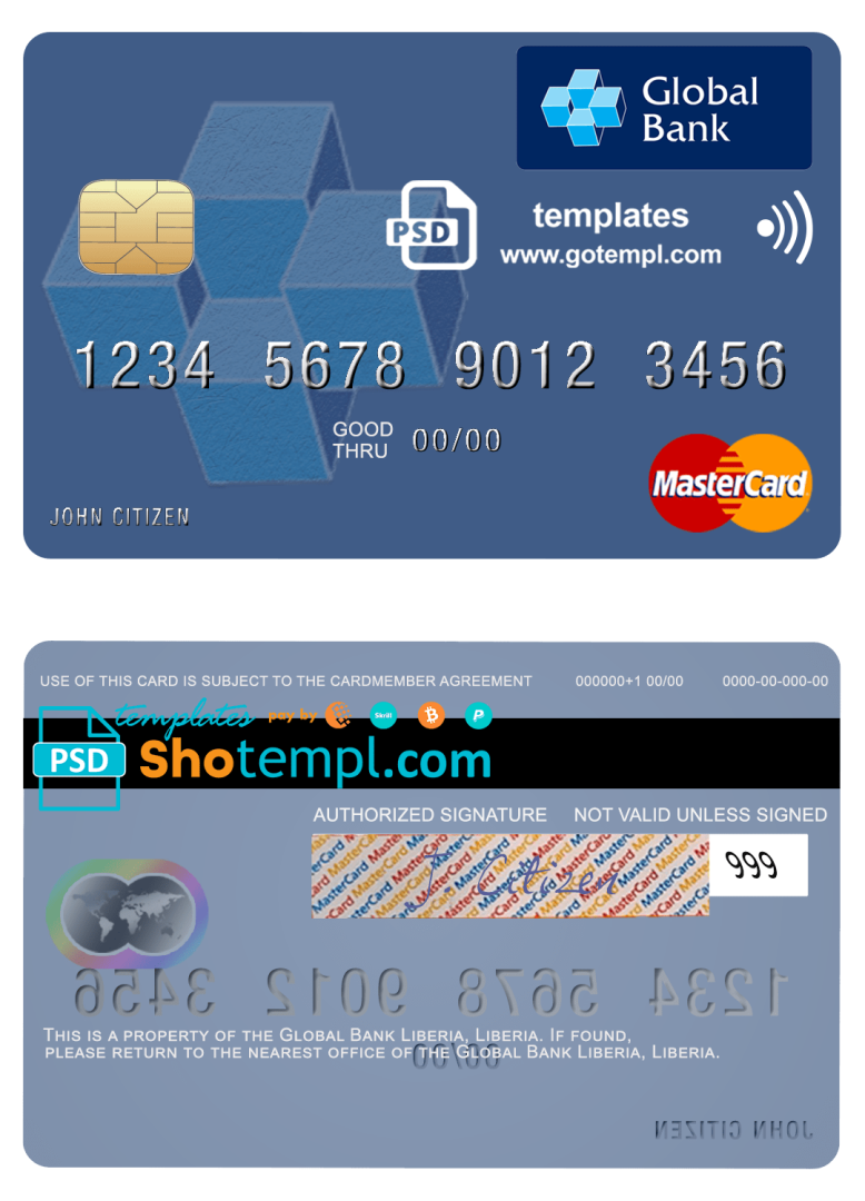 Liberian Global Bank mastercard fully editable credit card example in PSD format