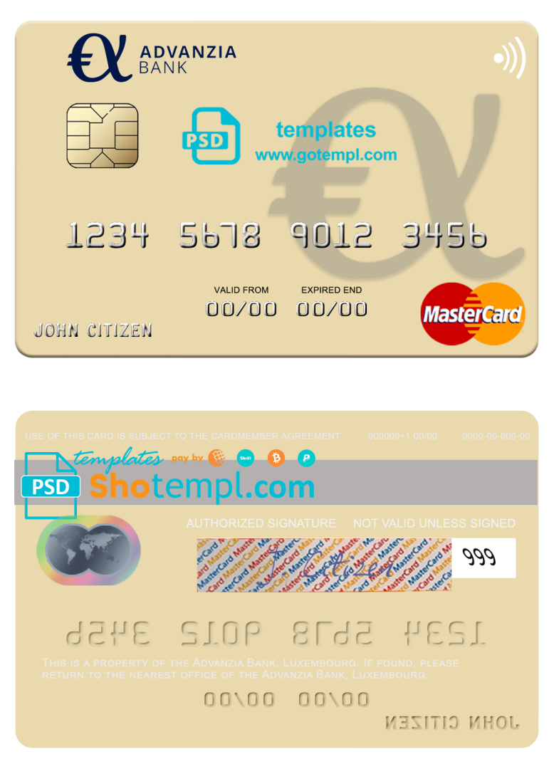 Luxembourg Advanzia Bank mastercard credit card example in PSD format