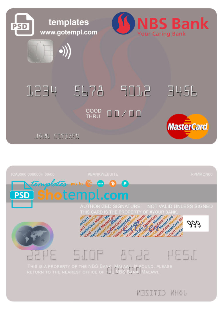 Malawian NBS bank mastercard credit card example in PSD format