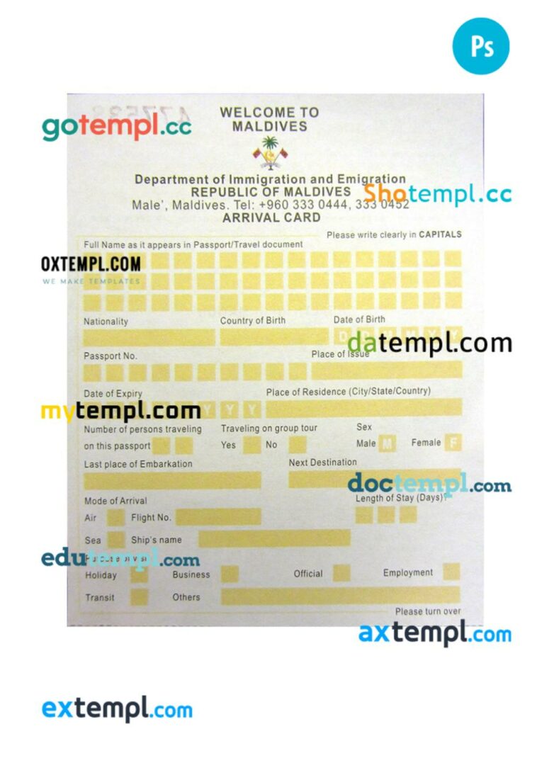 Maldives arrival card template in PSD format