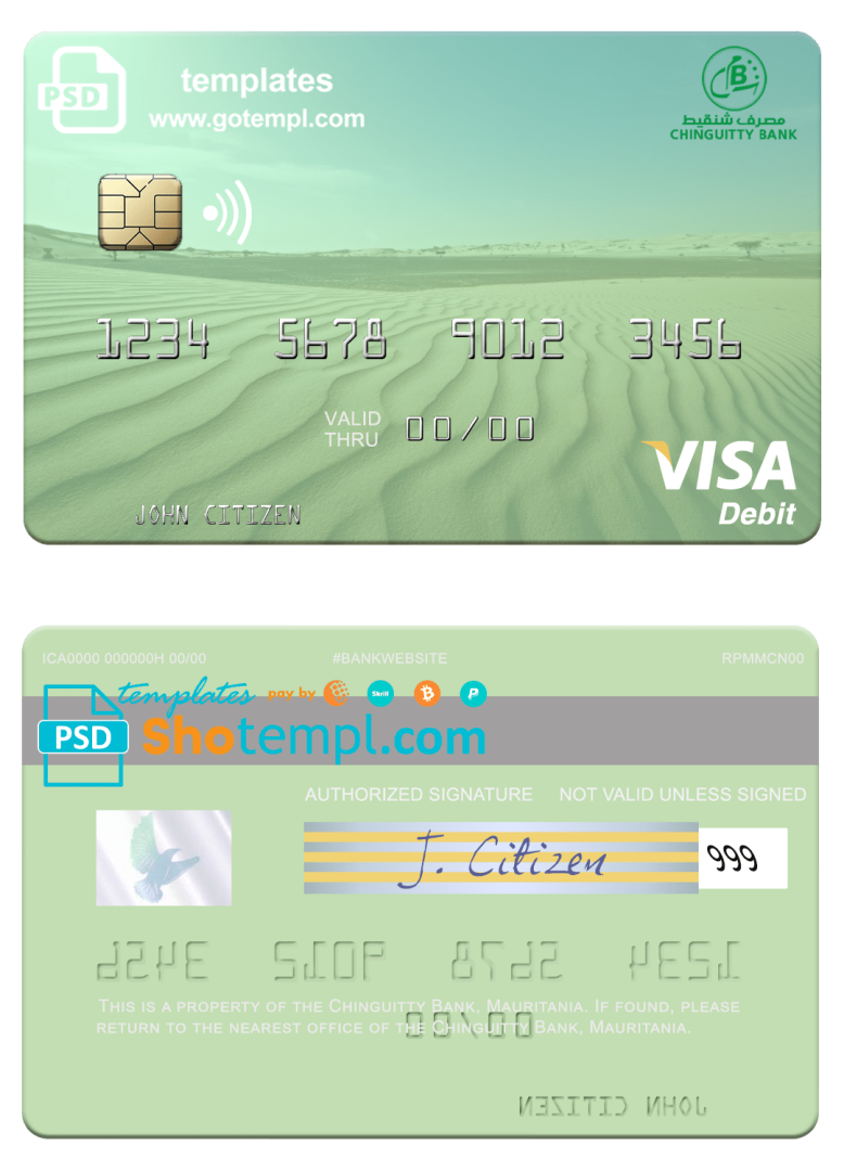 Mauritanian Chinguitty Bank visa card fully editable example in PSD format