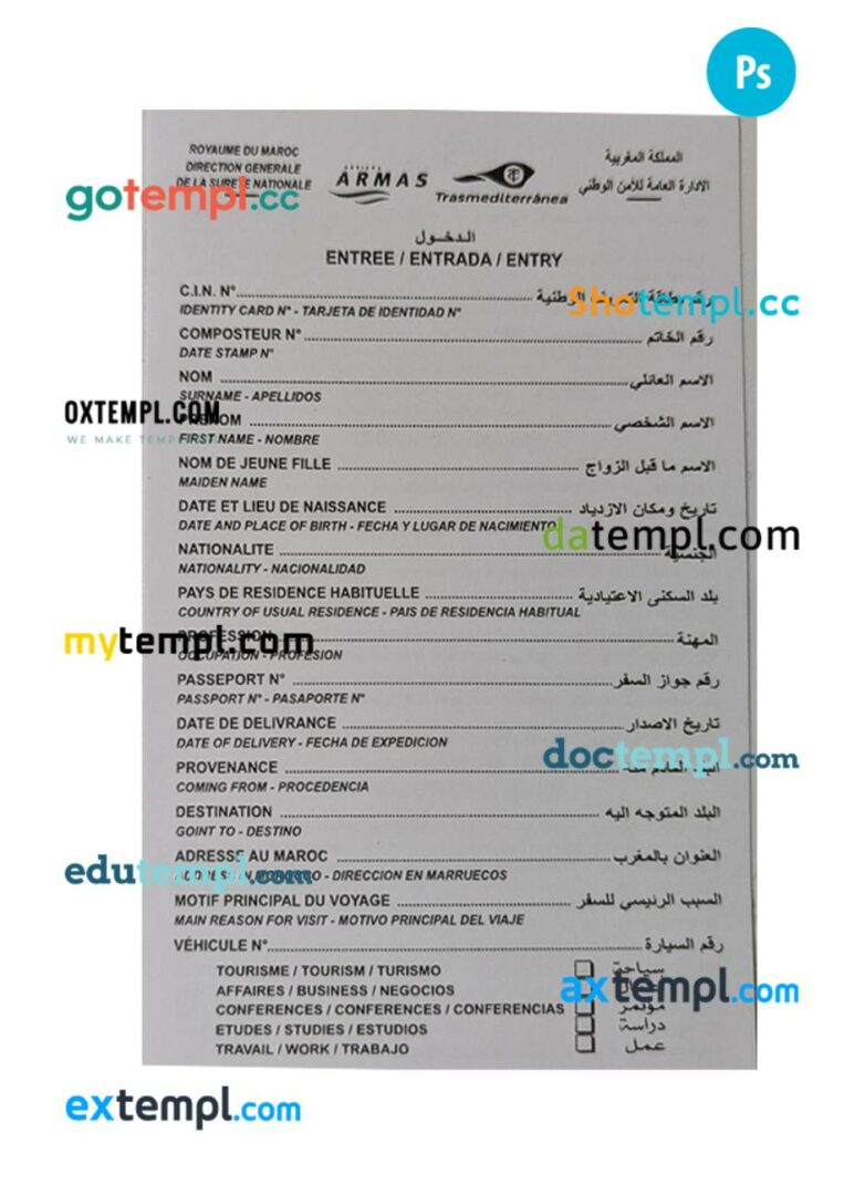 Morocco arrival card template in PSD format
