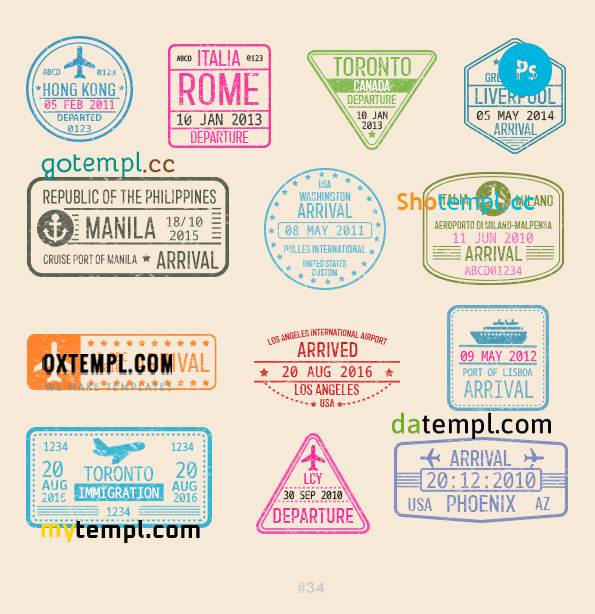 Hong-Kong Rome Toronto travel stamp collection example of 13 PSD designs, with fonts