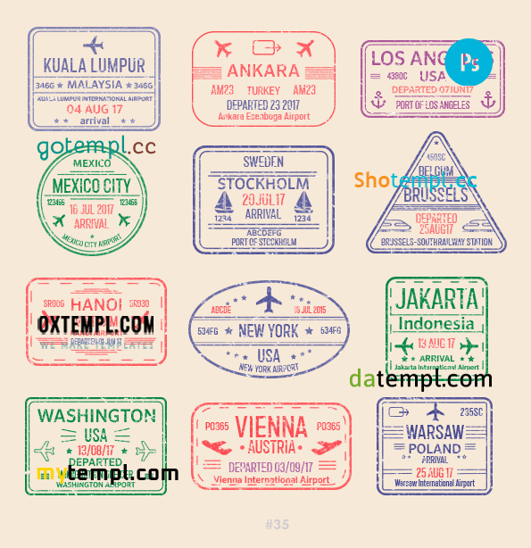 Mexican Washington New York travel stamp collection example of 12 PSD designs, with fonts