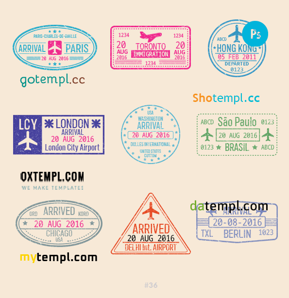 Paris London Toronto travel stamp collection example of 9 PSD designs, with fonts