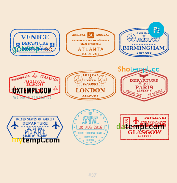 Atlanta London Glasgow travel stamp collection example of 9 PSD designs, with fonts