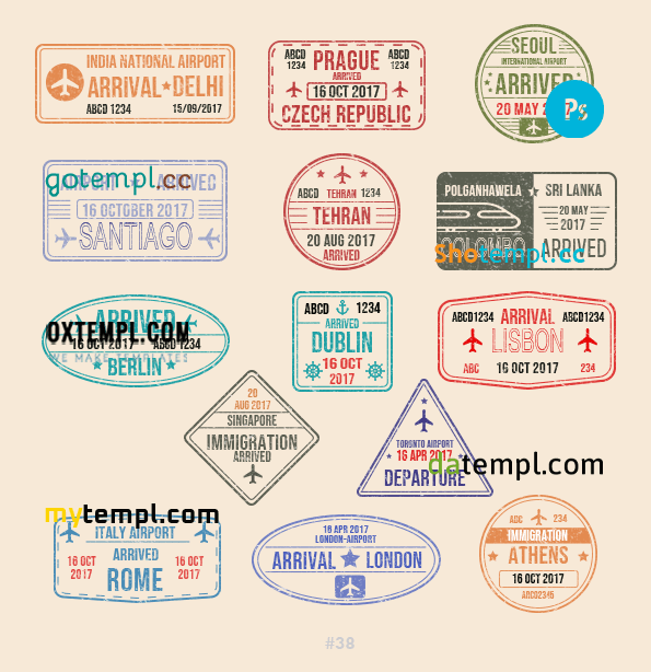 Delhi Tehran Dublin travel stamp collection example of 14 PSD designs, with fonts