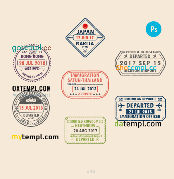 Japanese Hong-Kong UK travel stamp collection example of 7 PSD designs, with fonts