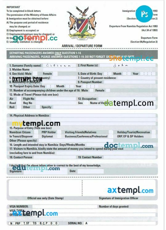 Namibia arrival departure card template in PSD format