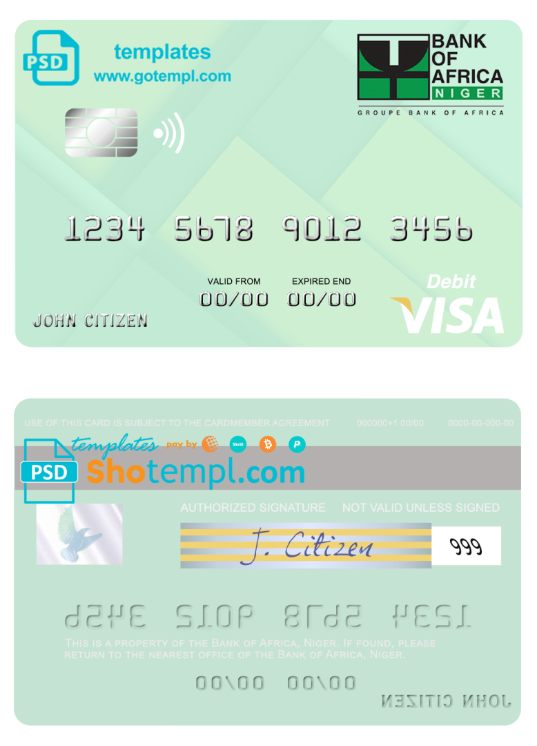 Nigerien Bank of Africa visa debit card, fully editable example in PSD format