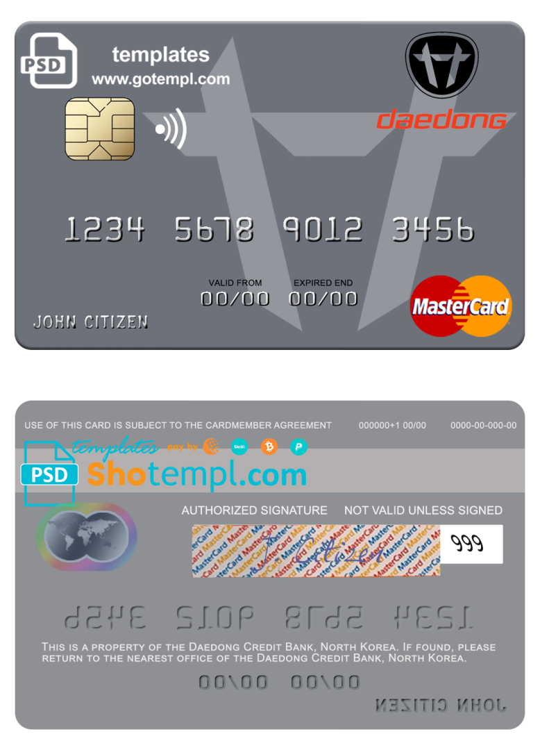 North Korean Daedong Credit Bank mastercard, fully editable example in PSD format