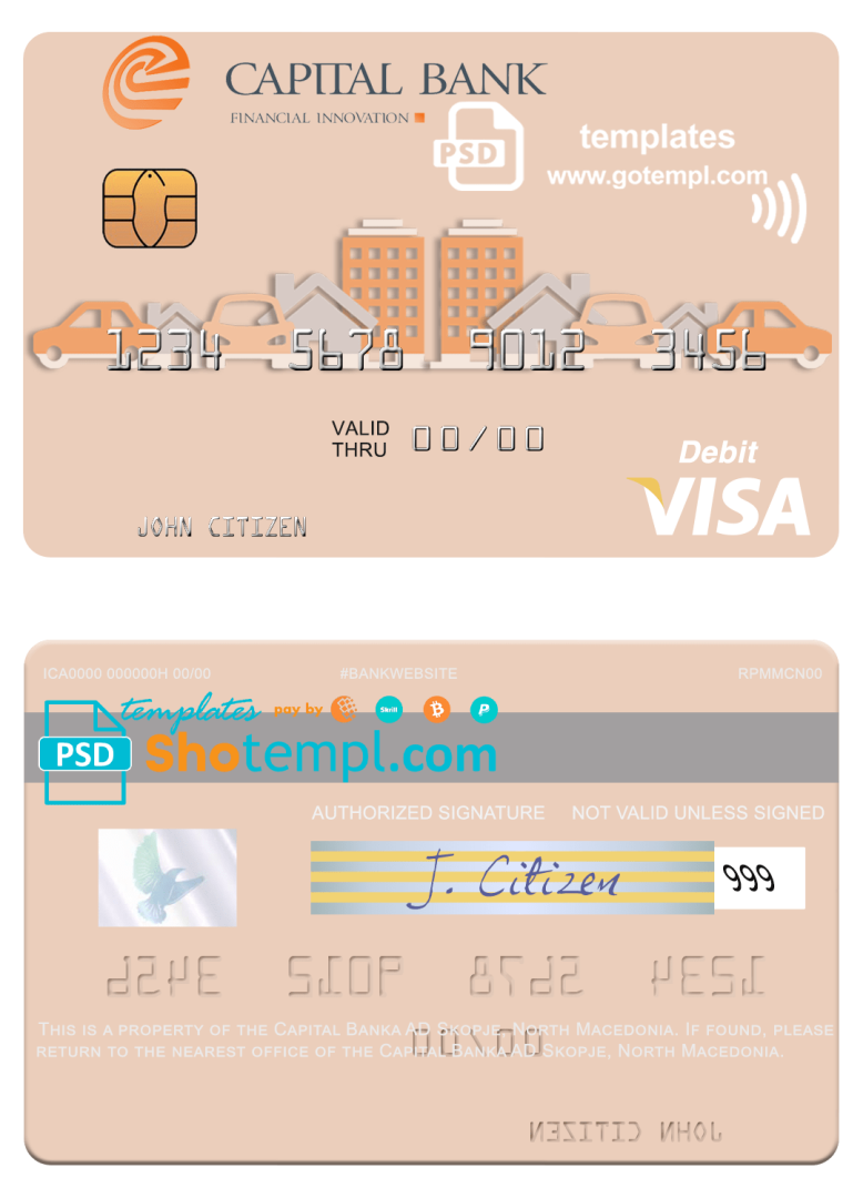 North Macedonia Capital Banka AD Skopje visa debit card, fully editable example in PSD format