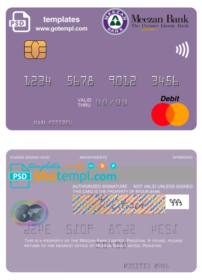 Pakistani Meezan Bank Limited mastercard, fully editable example in PSD format