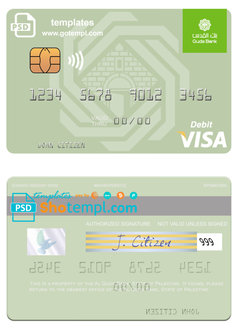 Palestinian Al Quds Bank visa debit card, fully editable example in PSD format