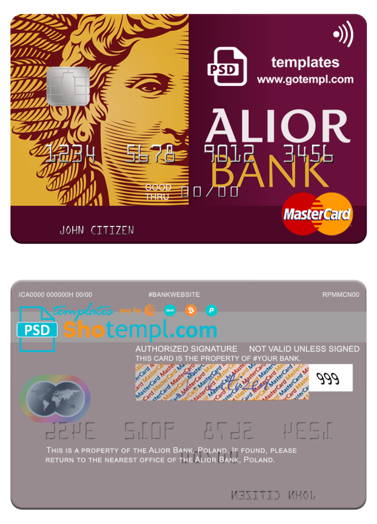 Polish Alior Bank mastercard, fully editable example in PSD format